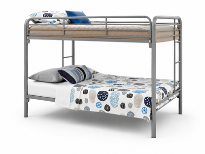 HR2810 Contemporary Metal Twin Bunk Bed in Silver with integrated ladder, full-length safety guardrails, and durable steel frame.