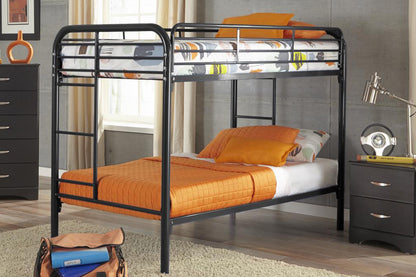 HR2810 Contemporary Metal Twin Bunk Bed in Black with integrated ladder, full-length safety guardrails, and durable steel frame.