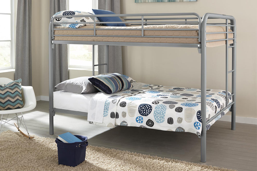 HR2810 Contemporary Metal Twin Bunk Bed in Silver with integrated ladder, full-length safety guardrails, and durable steel frame.