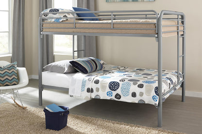 HR2810 Contemporary Metal Twin Bunk Bed in Silver with integrated ladder, full-length safety guardrails, and durable steel frame.