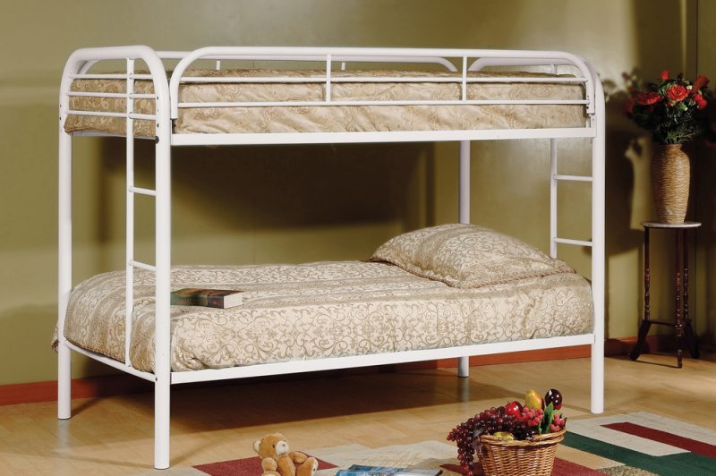 HR2810 Contemporary Metal Twin Bunk Bed in White with integrated ladder, full-length safety guardrails, and durable steel frame.