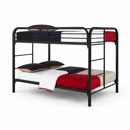 HR2830 Contemporary Metal Twin over Double Bunk Bed in Black with integrated ladder, full-length safety guardrails, and durable steel frame.
