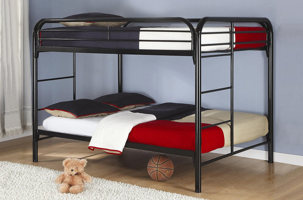 HR2830 Contemporary Metal Twin over Double Bunk Bed in Black with integrated ladder, full-length safety guardrails, and durable steel frame.