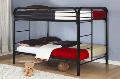 HR2830 Contemporary Metal Twin over Double Bunk Bed in Black with integrated ladder, full-length safety guardrails, and durable steel frame.
