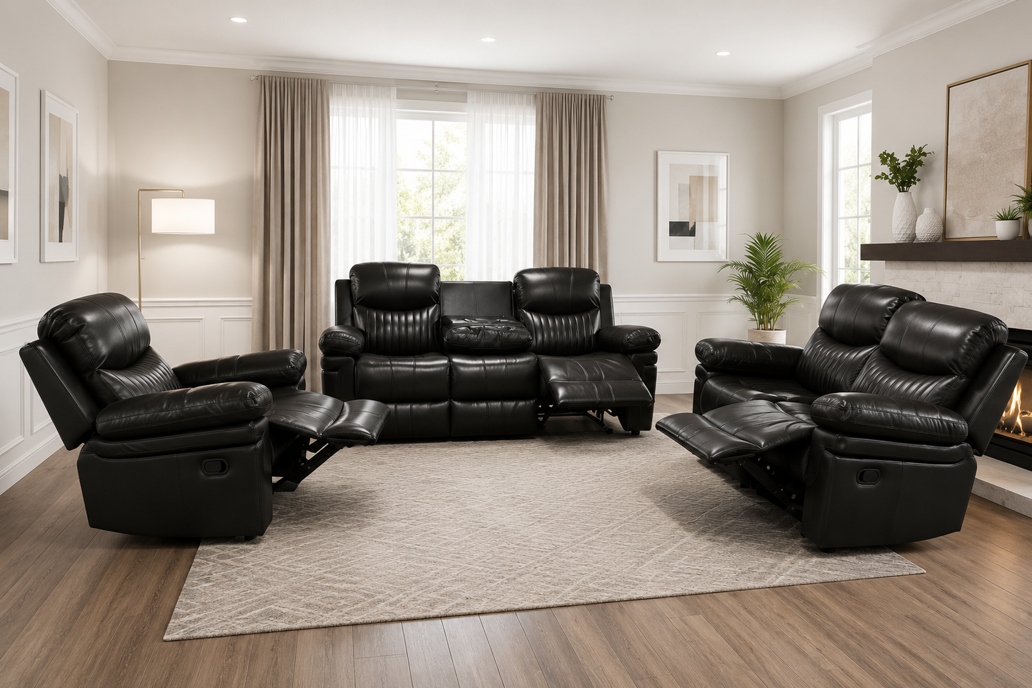 HR30001 Black Bonded Leather Manual Reclining Sofa Set with center console, storage compartment, and built-in cup holders.