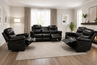 HR30001 Black Bonded Leather Manual Reclining Sofa Set with center console, storage compartment, and built-in cup holders.