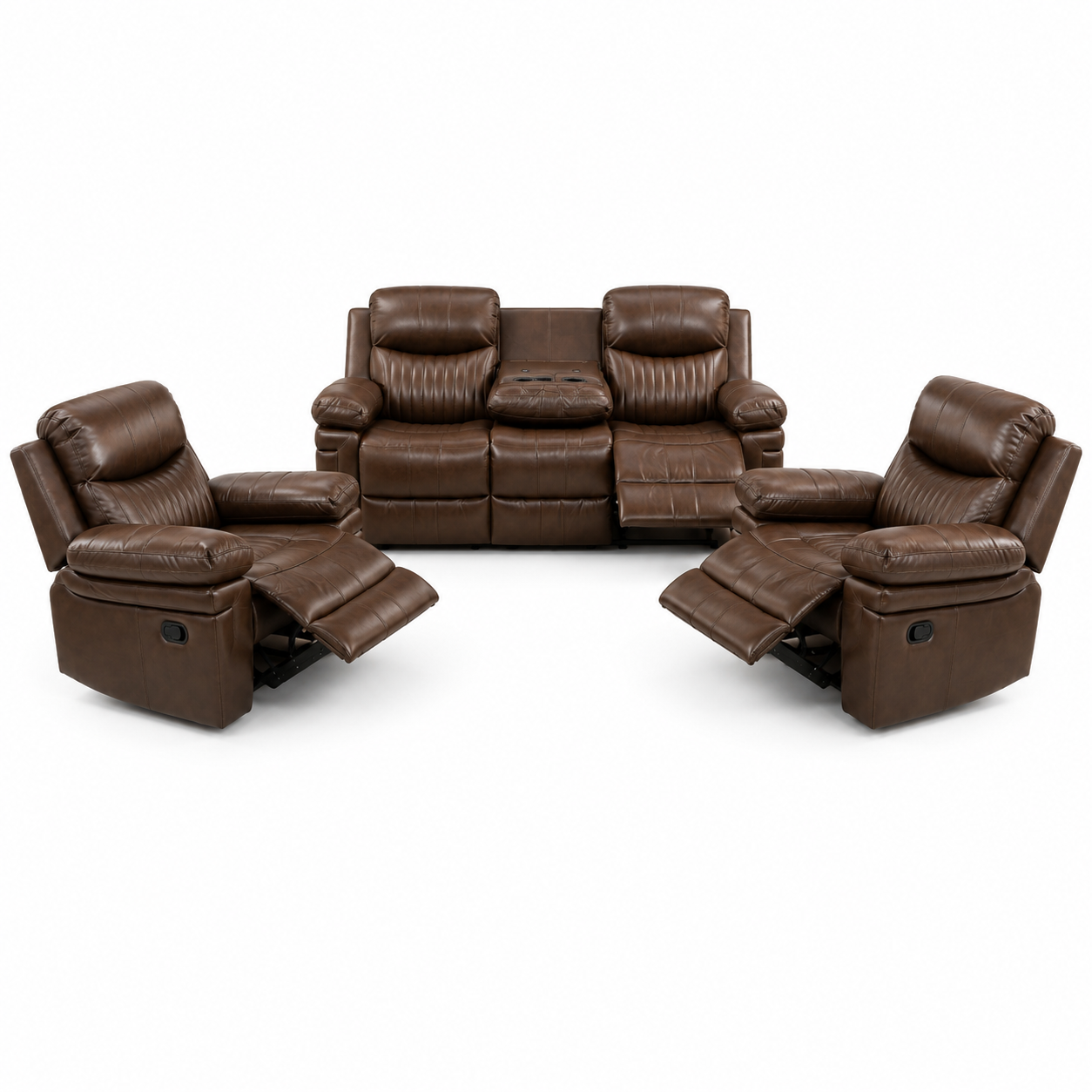 HR30001 Brown Bonded Leather Manual Reclining Sofa Set with center console, storage compartment, and built-in cup holders.