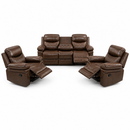 HR30001 Brown Bonded Leather Manual Reclining Sofa Set with center console, storage compartment, and built-in cup holders.
