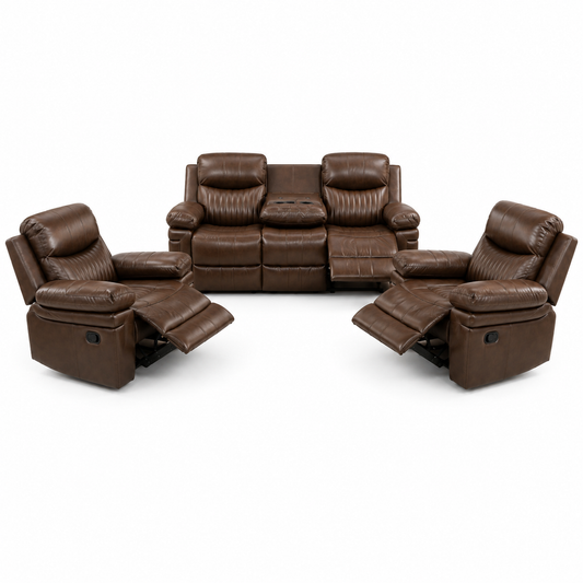 HR30001 Brown Bonded Leather Manual Reclining Sofa Set with center console, storage compartment, and built-in cup holders.
