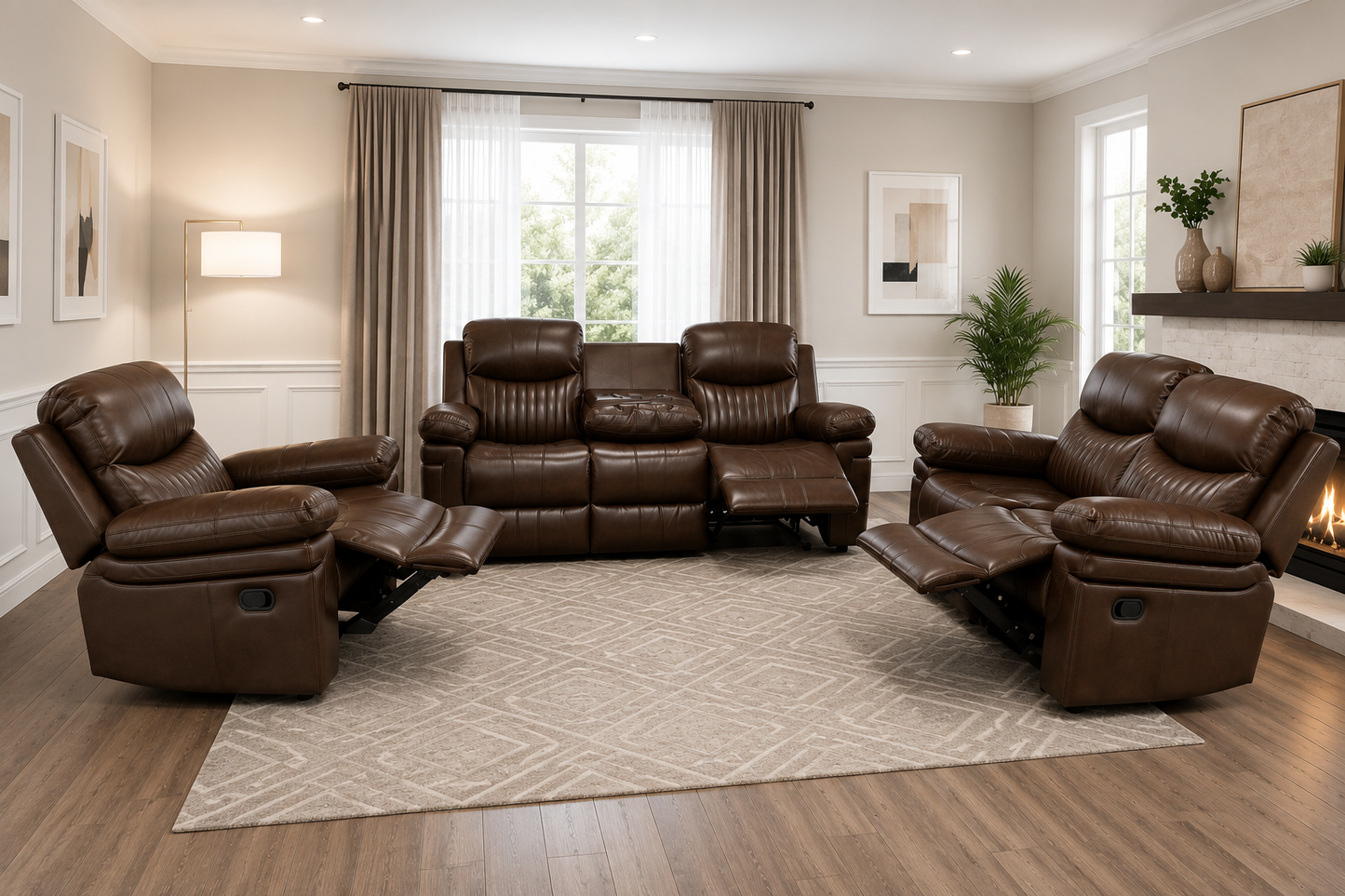 HR30001 Bonded Leather Manual Reclining Sofa Set with Center Console