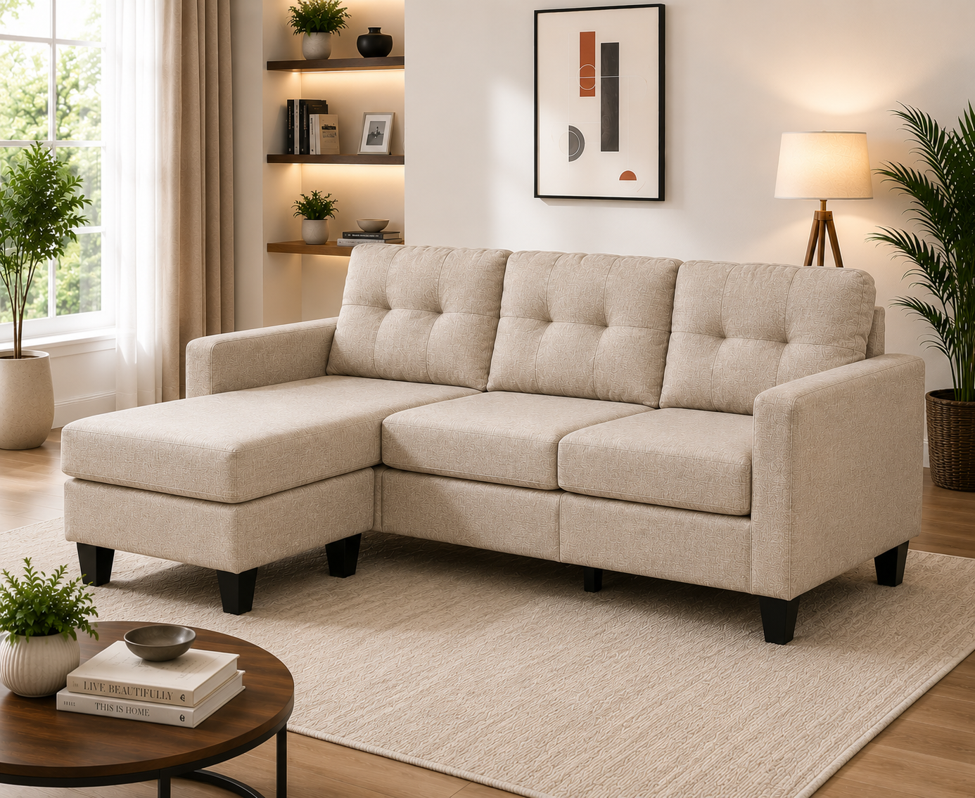 HR30002 Beige Linen Fabric L-Shaped Sectional Sofa with matching ottoman and high-density foam cushions.