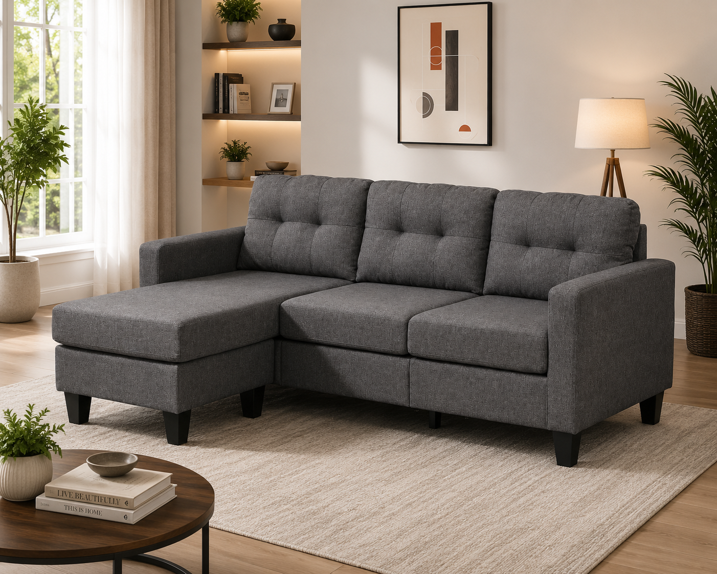 HR30002 Grey Linen Fabric L-Shaped Sectional Sofa with matching ottoman and high-density foam cushions.