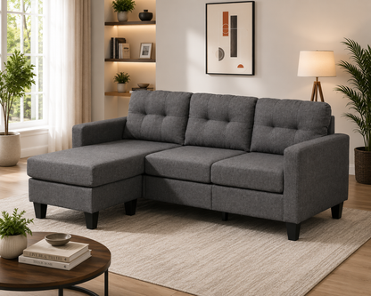 HR30002 Grey Linen Fabric L-Shaped Sectional Sofa with matching ottoman and high-density foam cushions.
