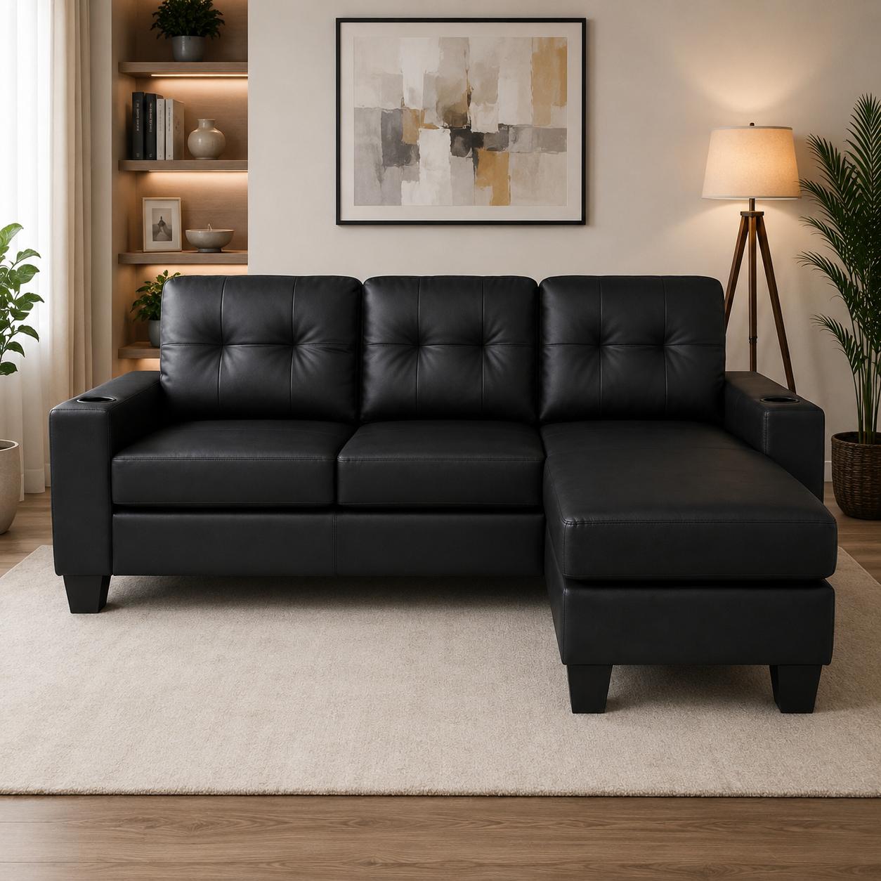 HR30003 Black Faux Leather L-Shaped Sectional Sofa with movable ottoman and modern space-saving design.
