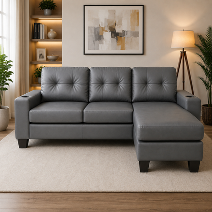 HR30003 Grey Faux Leather L-Shaped Sectional Sofa with movable ottoman and modern space-saving design.