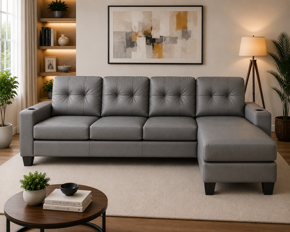 HR30004 Grey PU Leather L-Shaped Sectional Sofa with chaise and built-in cup holders.