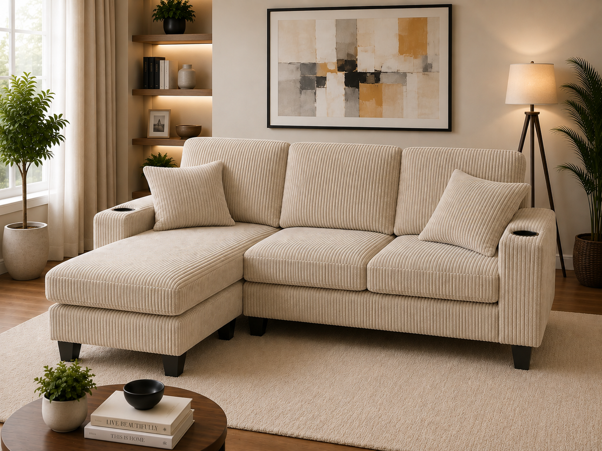 HR30005 Beige Corduroy L-Shaped Sectional Sofa with reversible chaise and built-in cup holders.