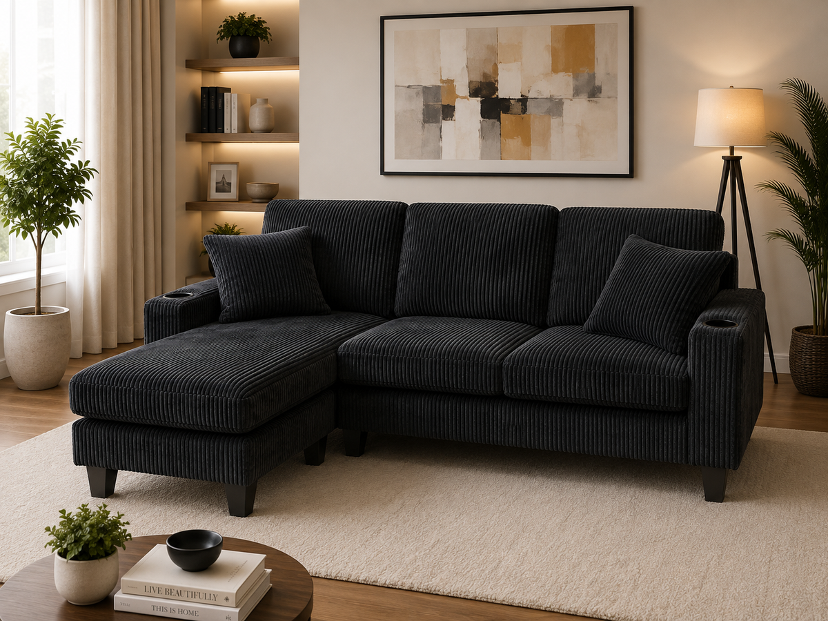 HR30005 Black Corduroy L-Shaped Sectional Sofa with reversible chaise and built-in cup holders.