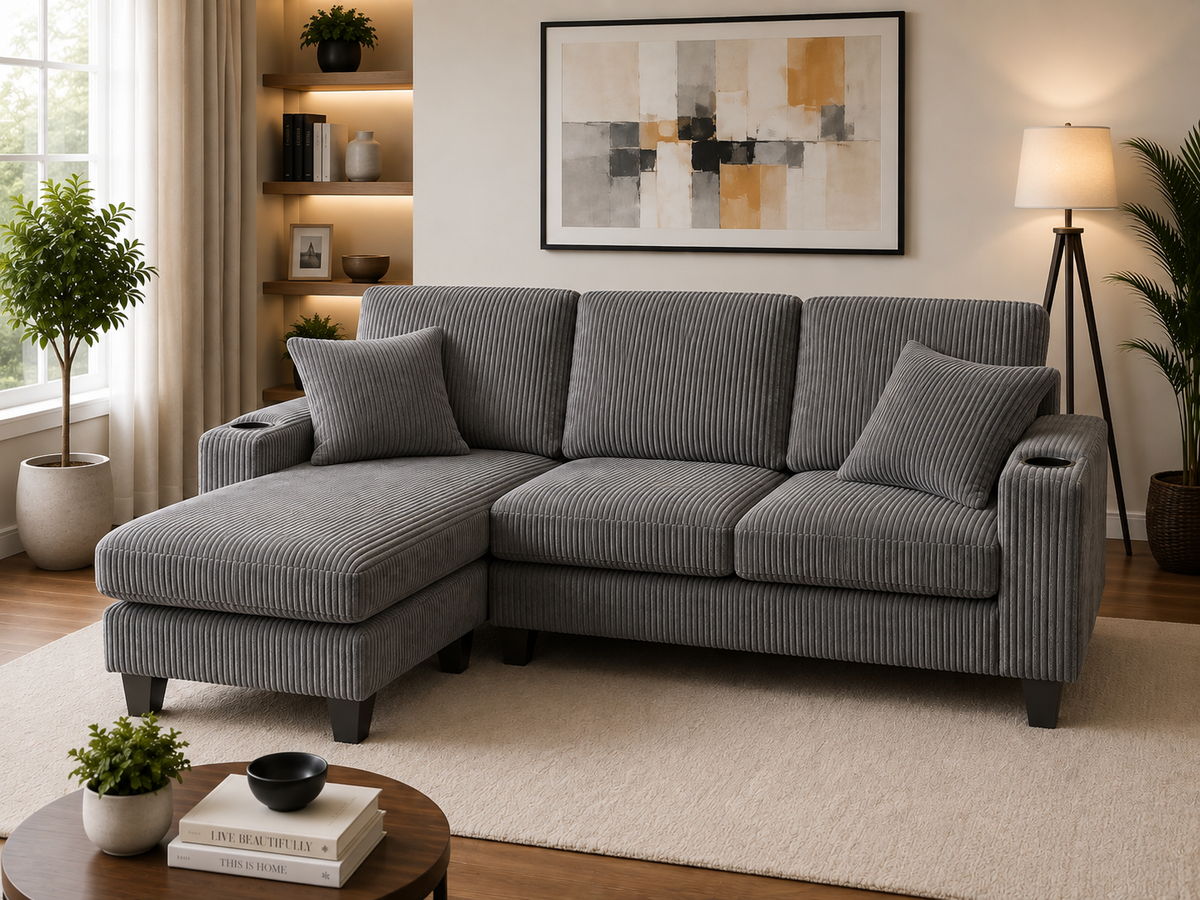 HR30005 Grey Corduroy L-Shaped Sectional Sofa with reversible chaise and built-in cup holders.