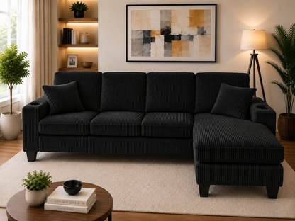 HR30006 Black Corduroy L-Shaped Sectional Sofa with reversible chaise and built-in cup holders.