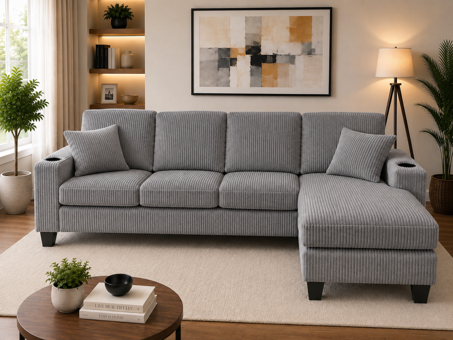HR30006 Grey Corduroy L-Shaped Sectional Sofa with reversible chaise and built-in cup holders.