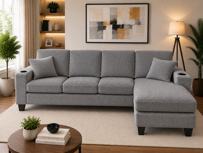 HR30006 Grey Corduroy L-Shaped Sectional Sofa with reversible chaise and built-in cup holders.