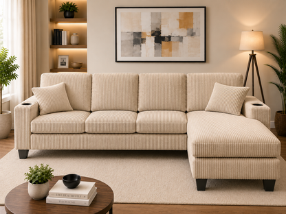 HR30006 Beige Corduroy L-Shaped Sectional Sofa with reversible chaise and built-in cup holders.
