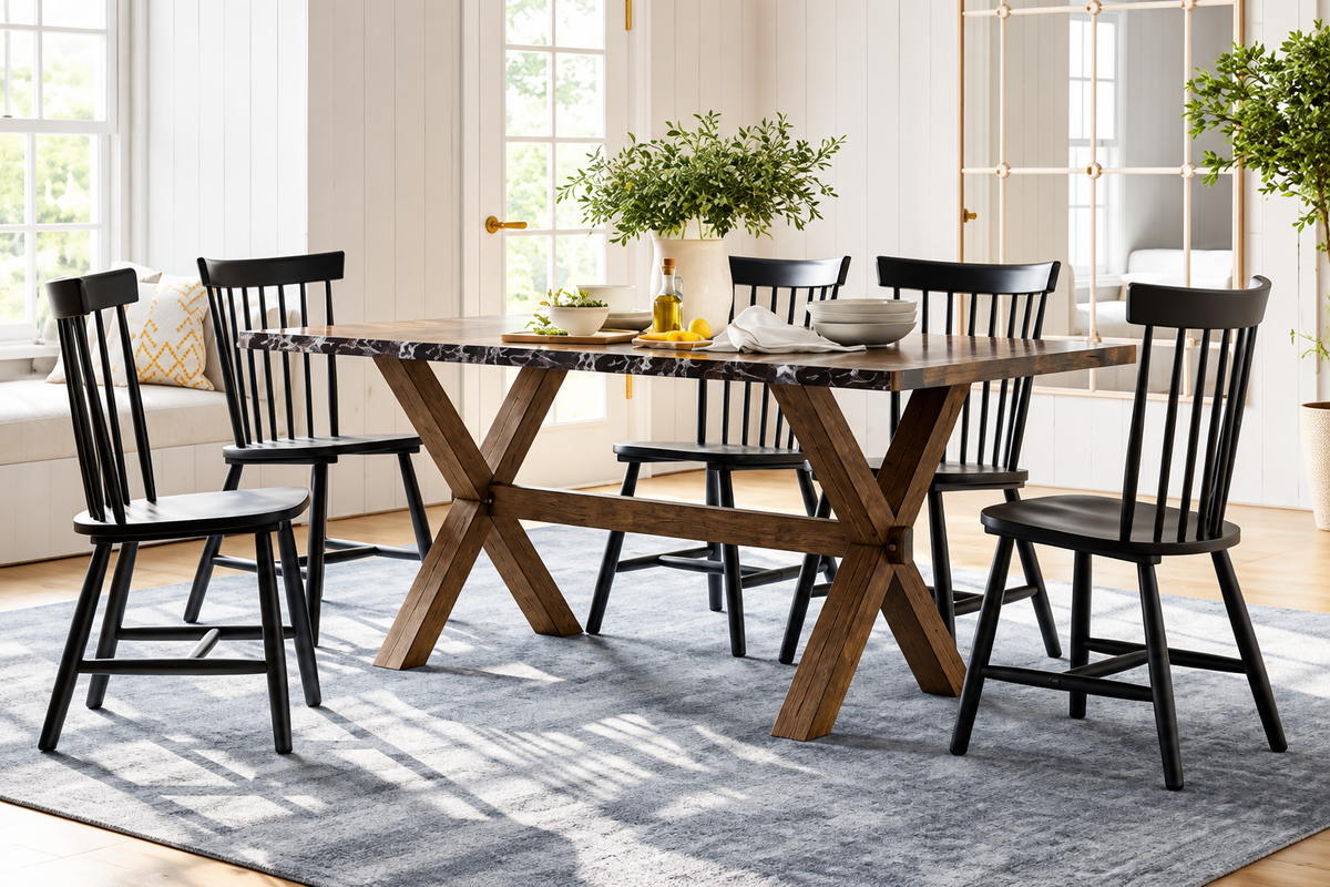 HR3036/3055 Dark Walnut Dining Set with Black Windsor Back Chairs