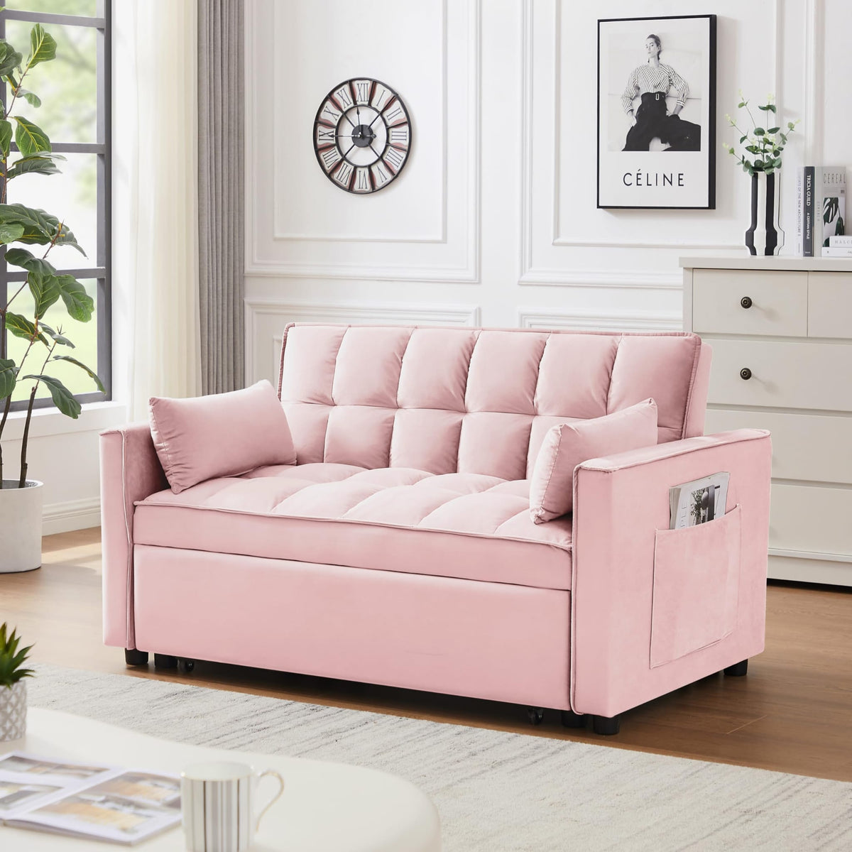 HR9000 Pink Velvet 2-Seater 3-in-1 Pull-Out Loveseat Sofa Bed with Two Pillows and Side Pockets
