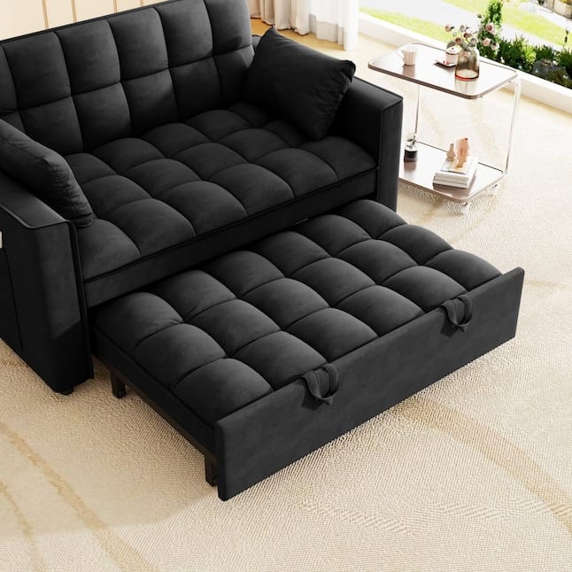 HR9000 Black Velvet 2-Seater 3-in-1 Pull-Out Loveseat Sofa Bed with Two Pillows and Side Pockets