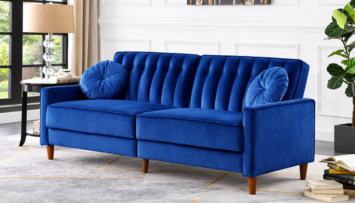 HR9001 Blue Velvet Click-Clack Sofa Bed with Vertical Tufted Backrest, Decorative Buttons and Two Matching Round Cushions