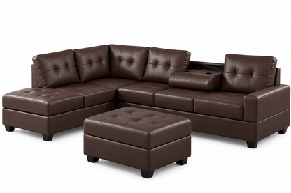 HR9992 Faux Leather Reversible Sectional Sofa with Storage Ottoman & Cupholder