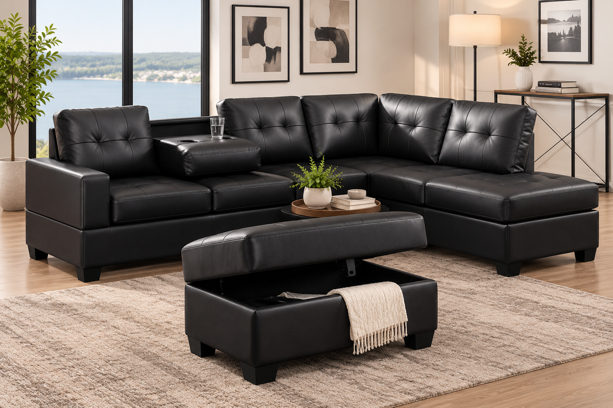 HR9992 Black Faux Leather Reversible Sectional Sofa with storage ottoman and cupholder.