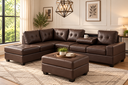 HR9992 Brown Faux Leather Reversible Sectional Sofa with storage ottoman and cupholder.