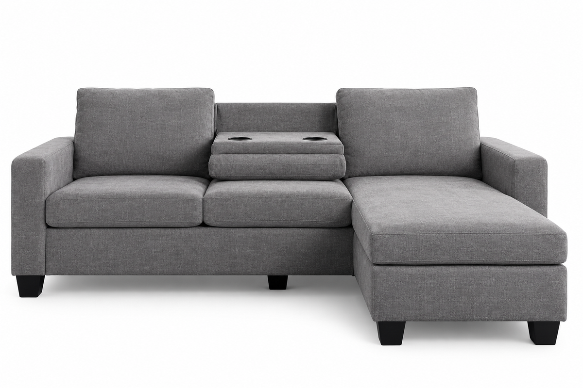 HR9993 Compact Fabric Reversible Sectional Sofa with Drop-Down Console & Cup Holders