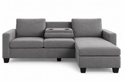 HR9993 Compact Fabric Reversible Sectional Sofa with Drop-Down Console & Cup Holders