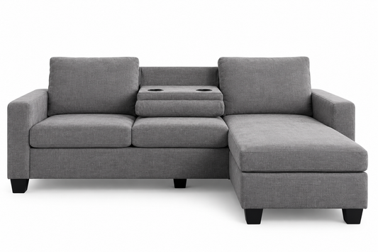 HR9993 Compact Fabric Reversible Sectional Sofa with Drop-Down Console & Cup Holders