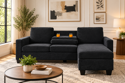 HR9993 Black Compact Fabric Reversible Sectional Sofa with drop-down console and cup holders.