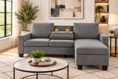 HR9993 Grey Compact Fabric Reversible Sectional Sofa with drop-down console and cup holders.