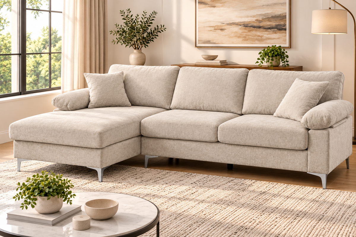 HR9999 Modern Beige Fabric Sectional Sofa with left-facing chaise and metal legs.