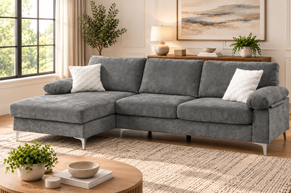 HR9999 Modern Grey Fabric Sectional Sofa with left-facing chaise and metal legs.