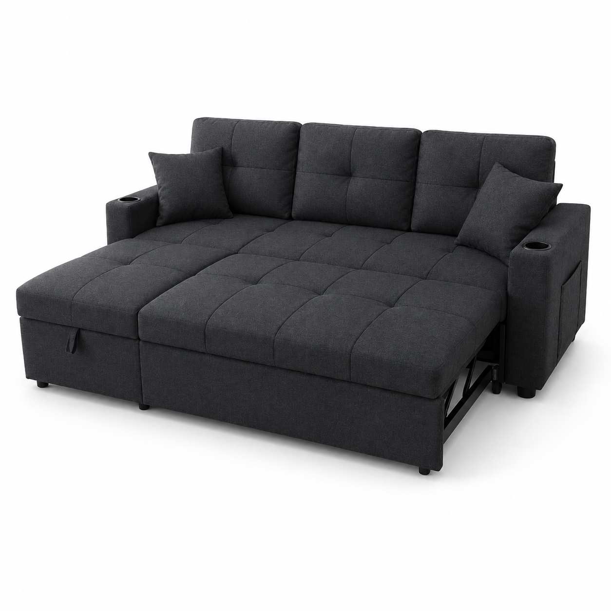 HR2340 Reversible Charcoal Linen Sectional Sofa Bed with hidden storage, pull-out bed, and built-in cup holders.