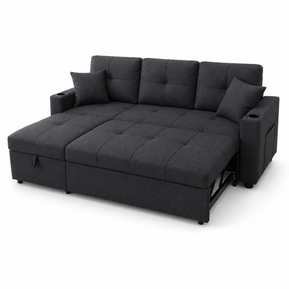 HR2340 Reversible Charcoal Linen Sectional Sofa Bed with hidden storage, pull-out bed, and built-in cup holders.