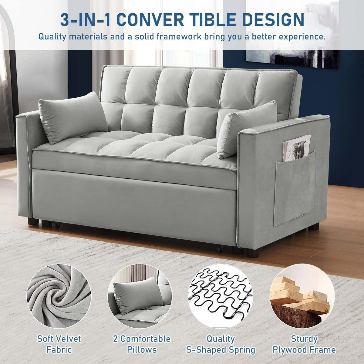 HR9000 Grey Velvet 2-Seater 3-in-1 Pull-Out Loveseat Sofa Bed with Two Pillows and Side Pockets