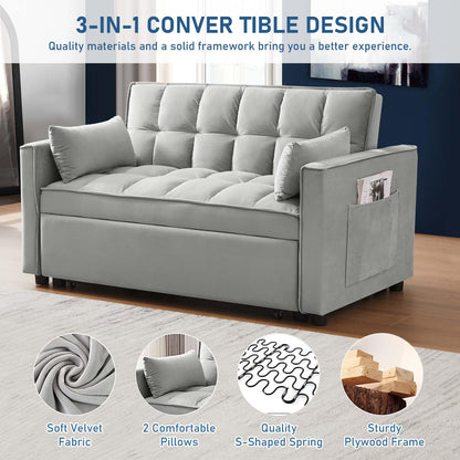 HR9000 Grey Velvet 2-Seater 3-in-1 Pull-Out Loveseat Sofa Bed with Two Pillows and Side Pockets