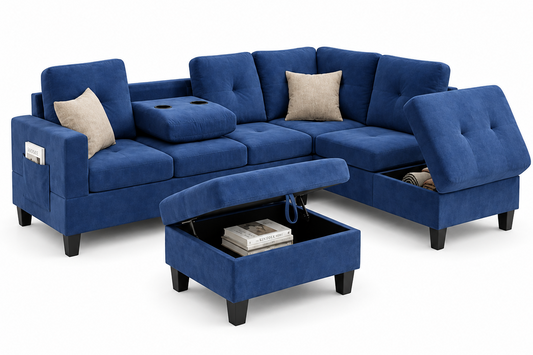 HR2300 Reversible Velvet Sectional Sofa with Storage Ottoman & Cup Holders
